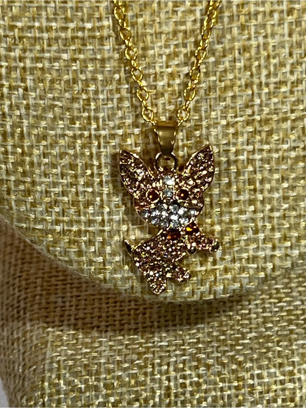 Gold Tone Crystal Fox Pendant Necklace - Gold